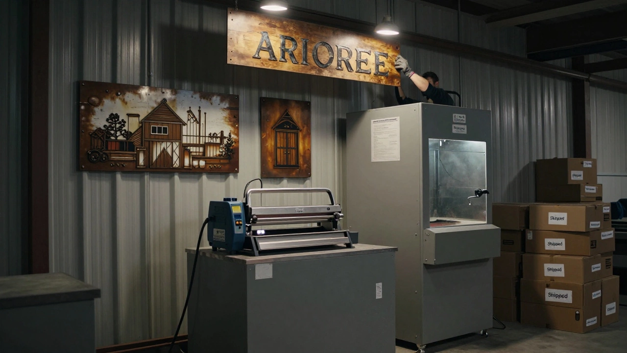 A small manufacturing setup with a plasma cutter making personalized metal signs in a suburban unit.
