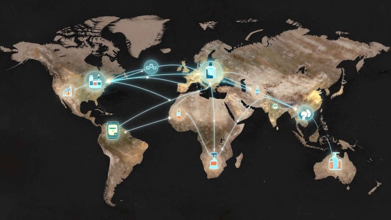 Global supply chains radiating from Dahej to international markets with product icons