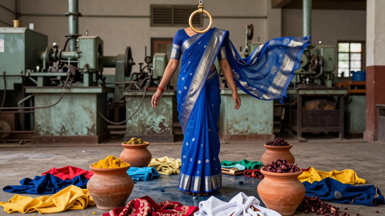 Handloom saree passing through a wedding ring, surrounded by natural dyes and fading machines.