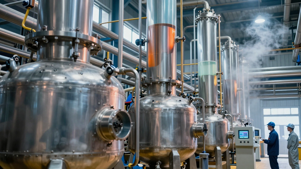Inside a chemical plant with reactors, pipelines, and workers monitoring control panels