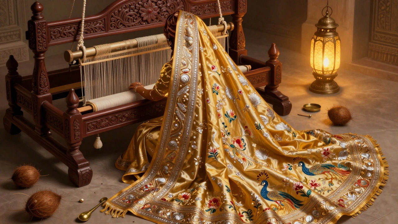 Luxurious Banarasi silk saree with gold zari embroidery on a traditional Mughal loom.
