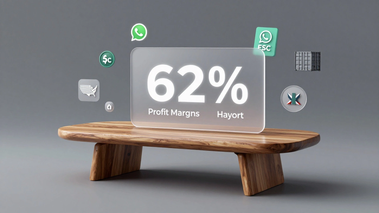 Minimalist modular table being shipped from India to a city home with profit margins and export icons floating nearby.