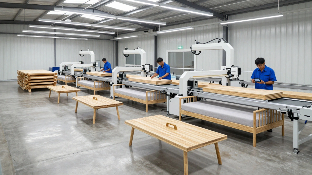 Modern Vietnamese factory assembling minimalist bamboo furniture under bright LED lights.