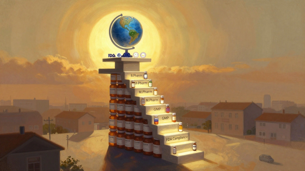 Pharmacist climbing a staircase of certifications toward global regulatory icons.
