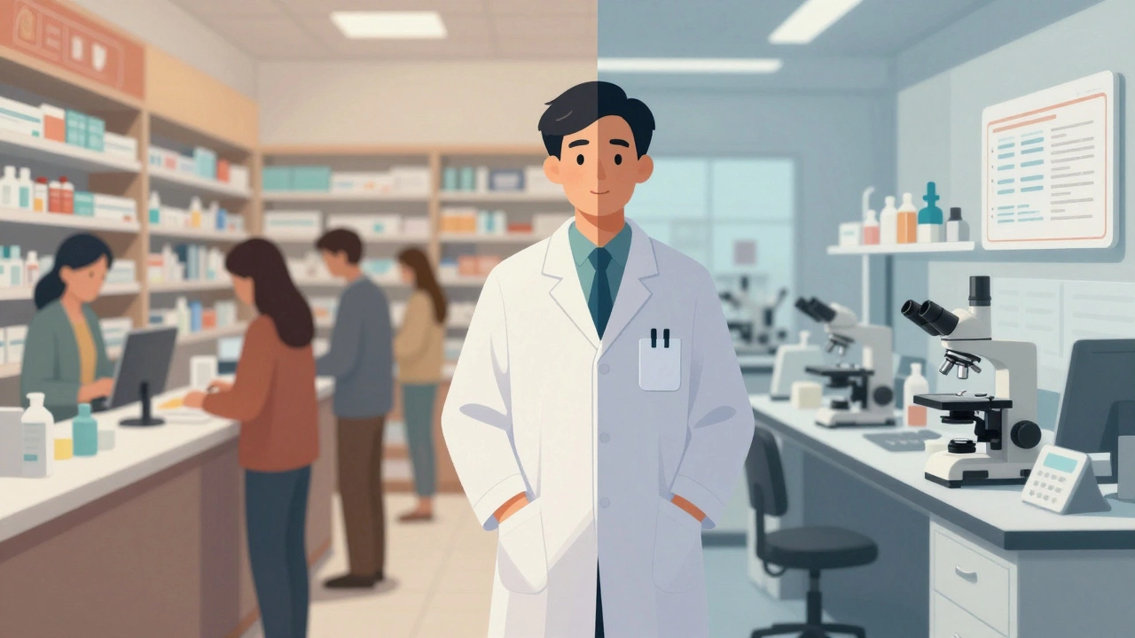 Pharmacist standing between retail pharmacy and high-tech lab, symbolizing career choices.