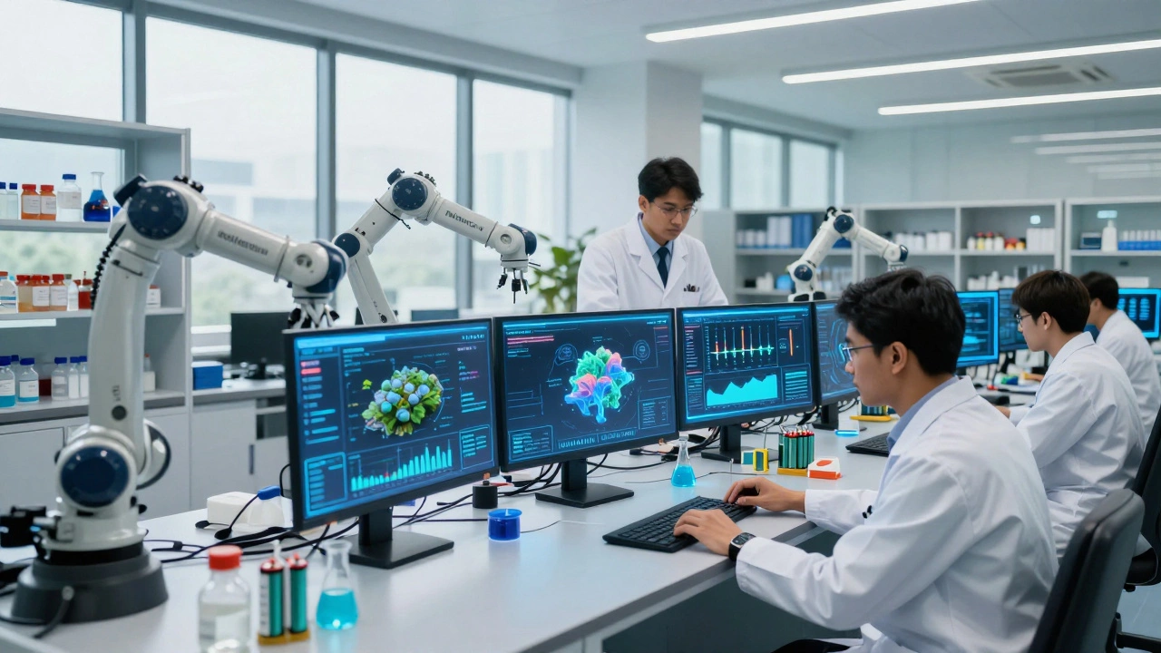 Scientists monitoring holographic data on biodegradable plastics and battery materials in a high-tech lab.