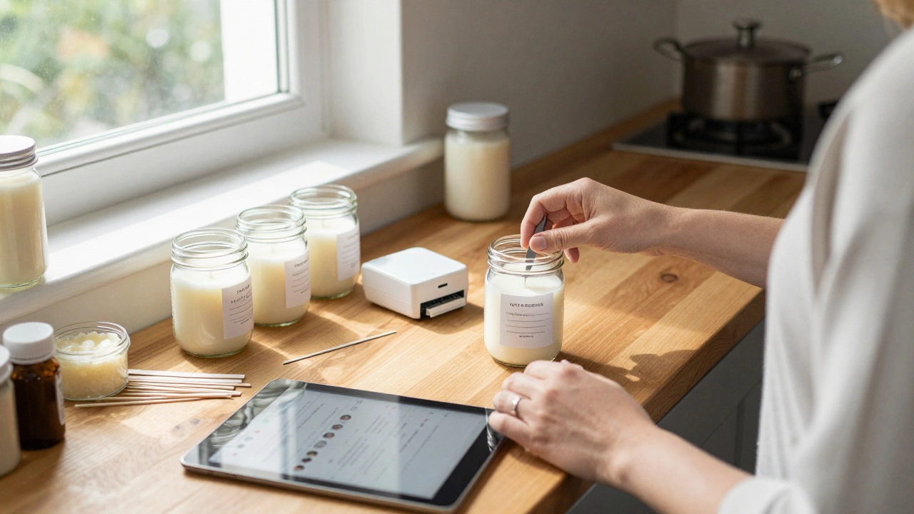 Someone hand-pouring soy candles in a kitchen, labeling jars as online orders appear on a tablet.