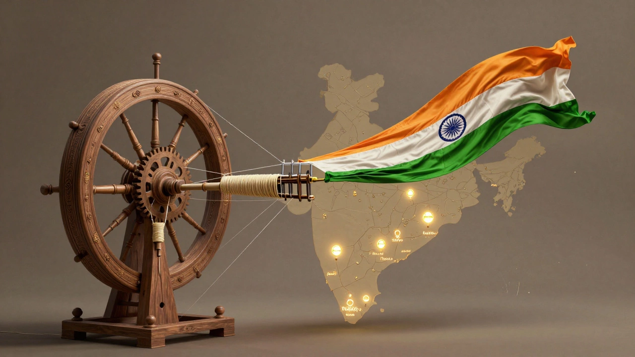 Symbolic spinning wheel made of historical and modern textile threads forming the saffron stripe of the Indian flag.