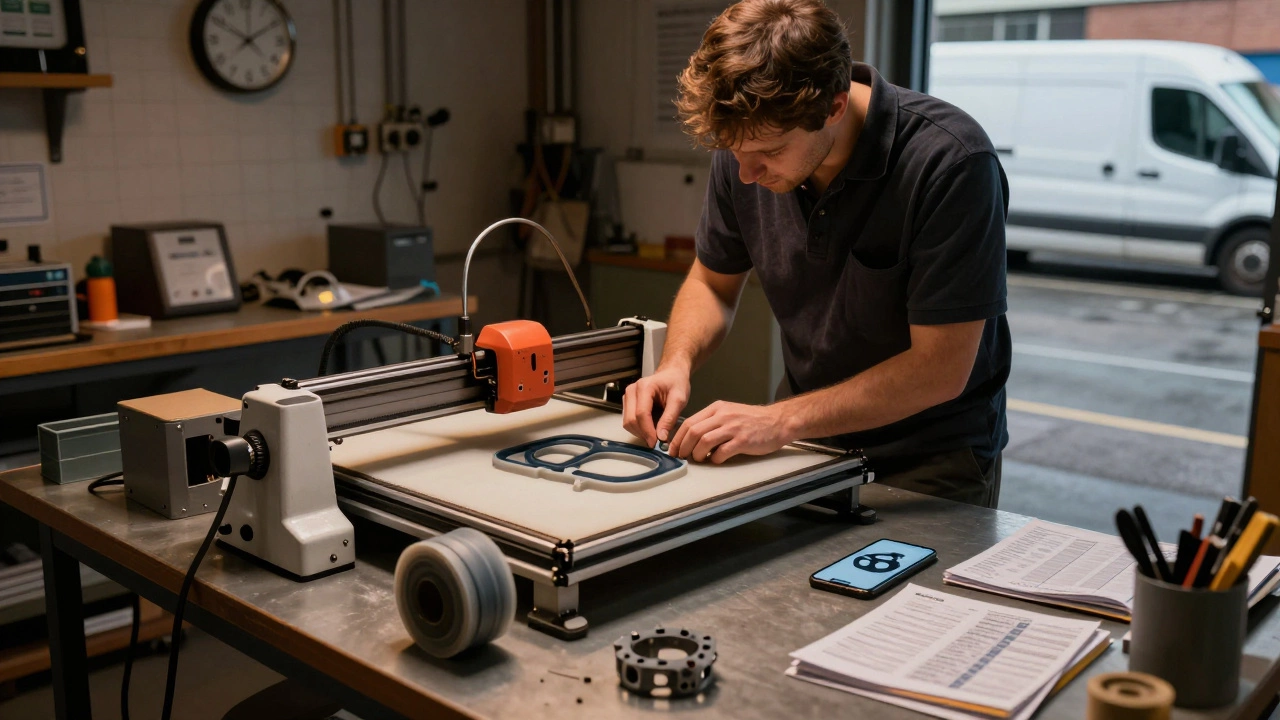 Technician cutting a custom gasket with a laser cutter beside a broken machine part on a workbench.