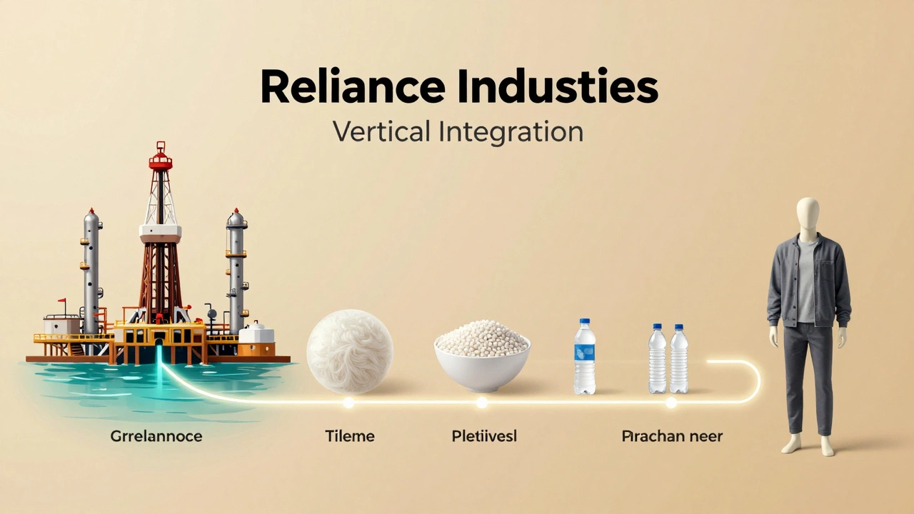 Vertical integration chain from crude oil to polyester clothing in glowing pathways.