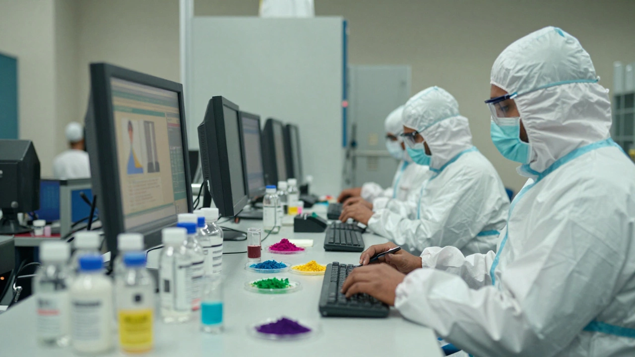 Workers in a chemical plant in Maharashtra packaging pharmaceutical intermediates and dyes for export.