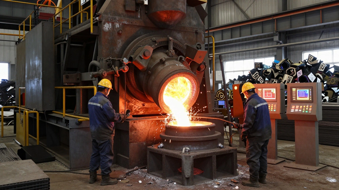 Workers operating an electric arc furnace with sparks flying and recycled steel scrap nearby.