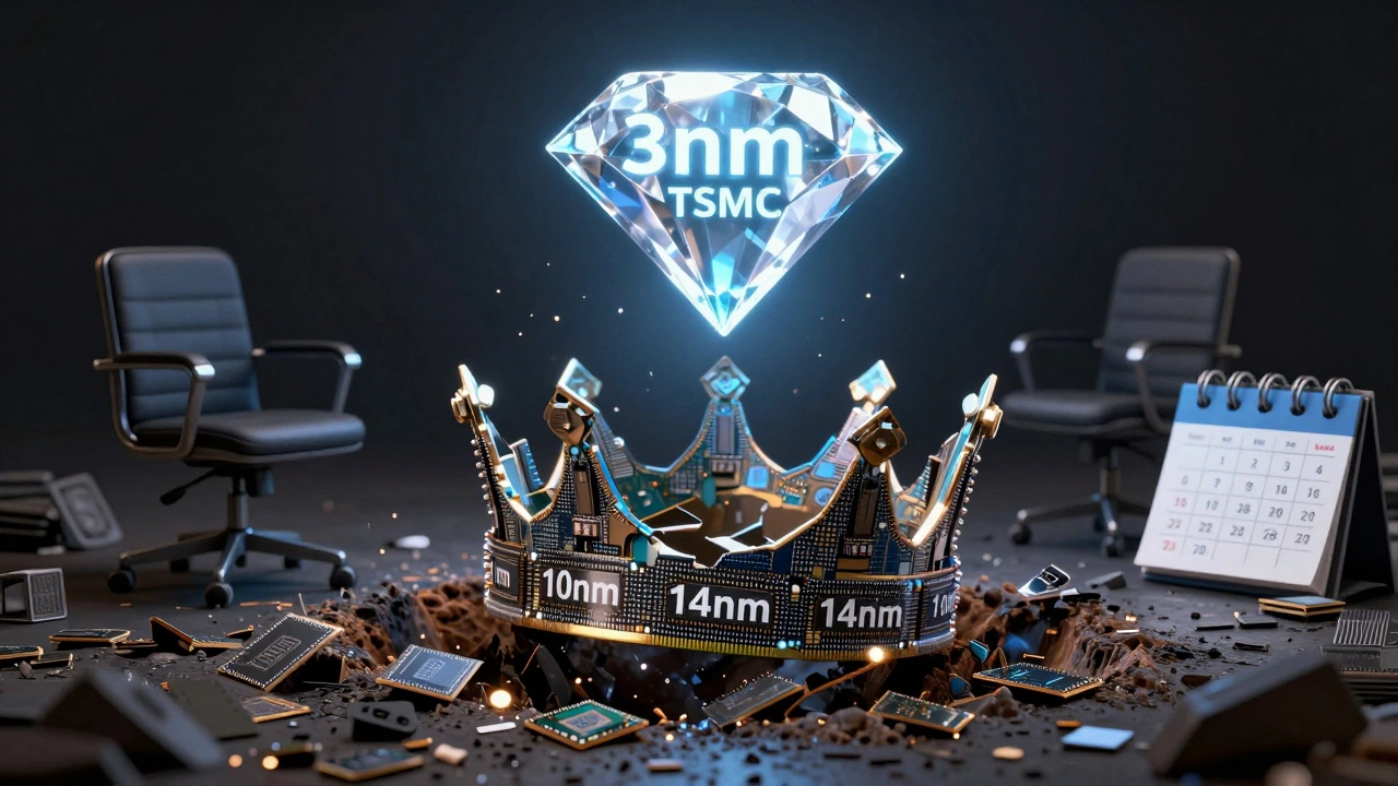A crumbling Intel crown of old chips falling as a glowing TSMC diamond rises above.