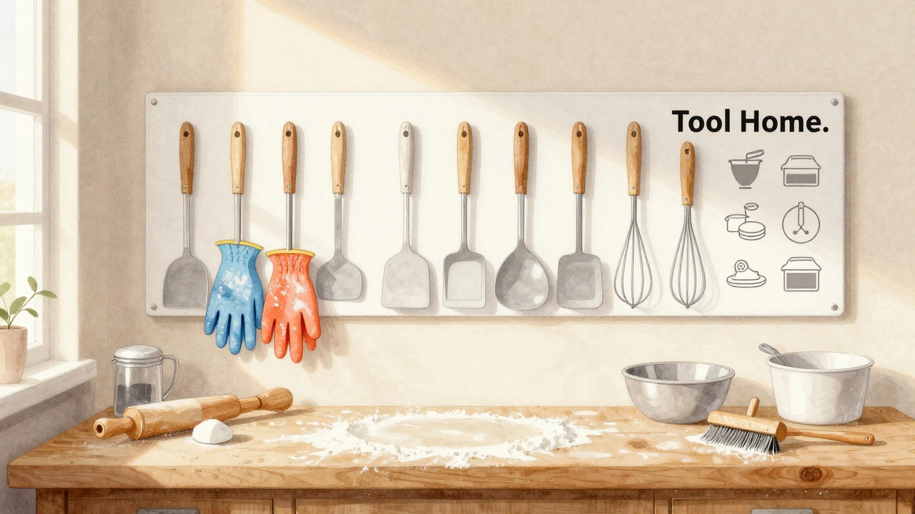 Bakery tool shadow board with outlines of mixing equipment and color-coded gloves hung neatly nearby.