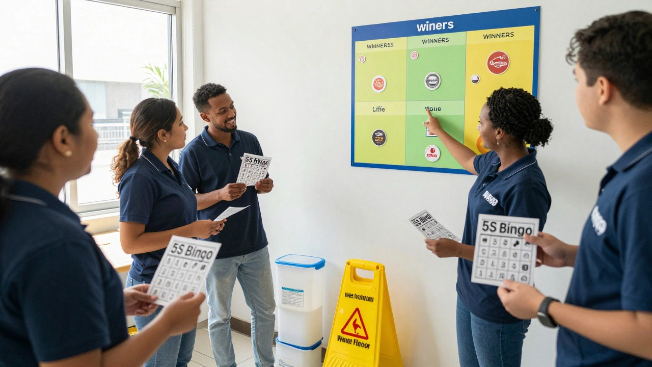 Food processing team playing 5S Bingo, celebrating compliance with a visual reward chart on the wall.
