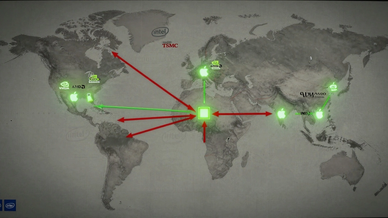 Global chip supply map showing TSMC as the central hub with Intel isolated and fading.