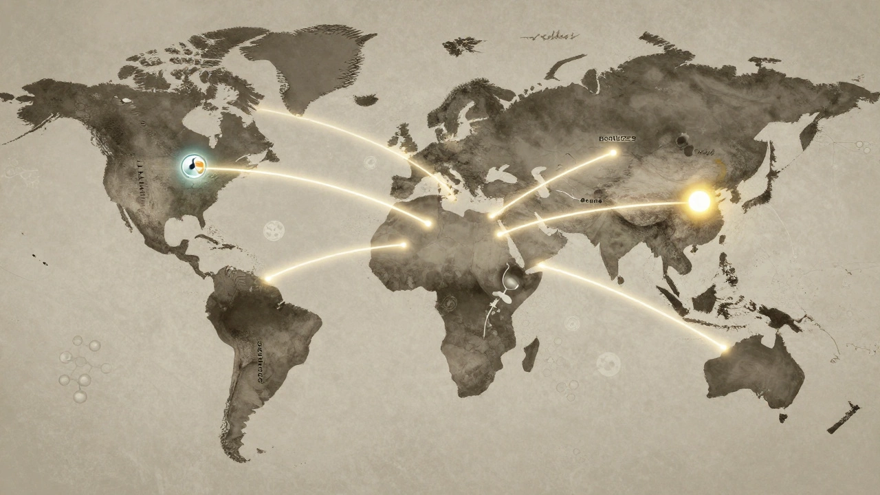 Global map showing chemical export routes from India to key international markets.