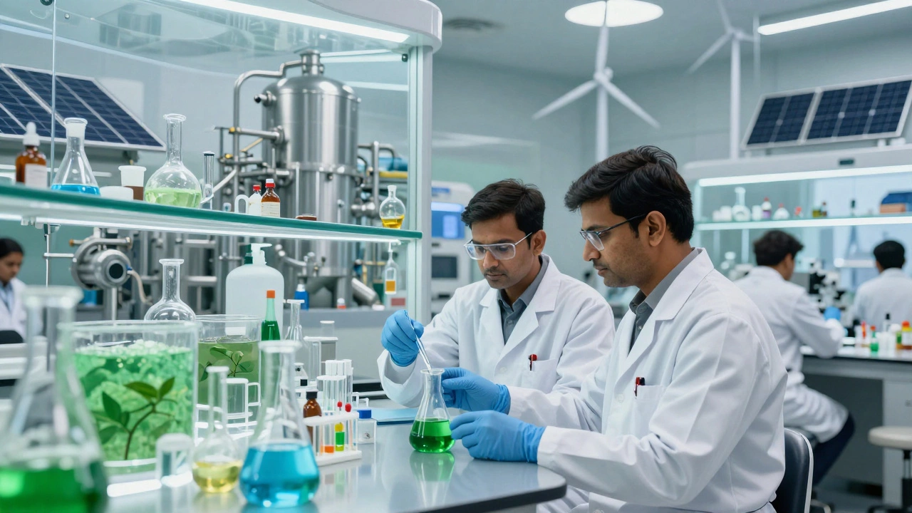 Indian engineers developing sustainable green chemicals in a modern lab setting.