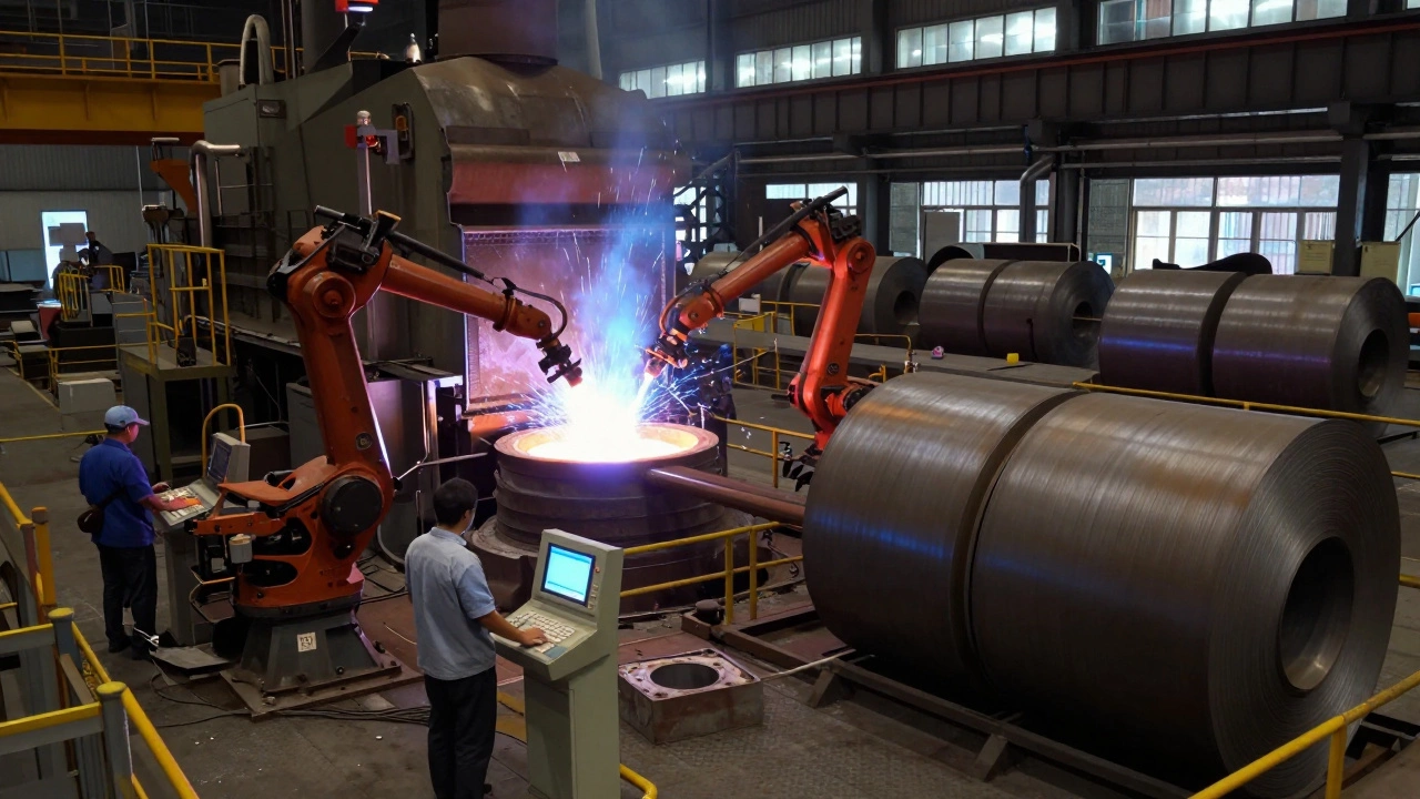 Modern steel mill interior with electric arcs melting scrap metal and robotic arms operating assembly lines.