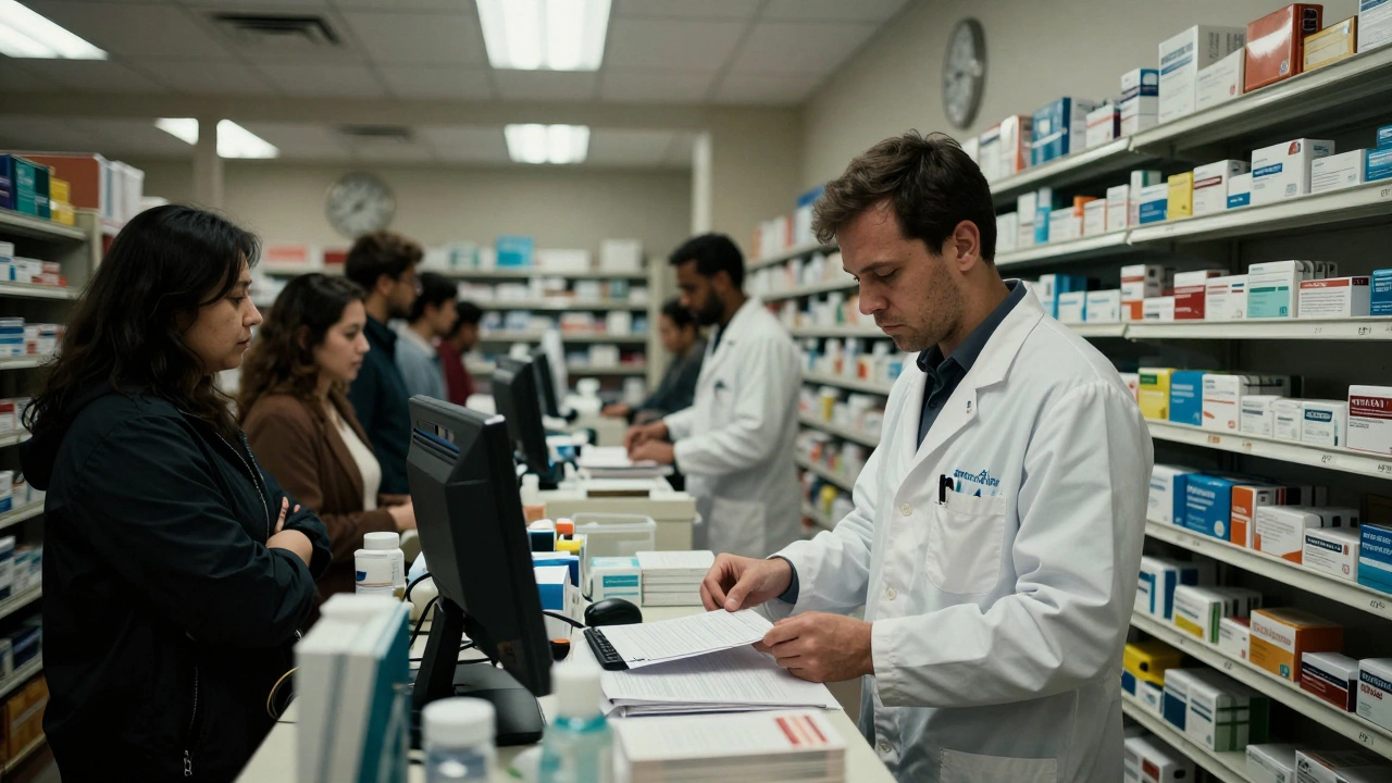 U.S. pharmacist working late night shift under fluorescent lights, overwhelmed by hundreds of prescriptions.