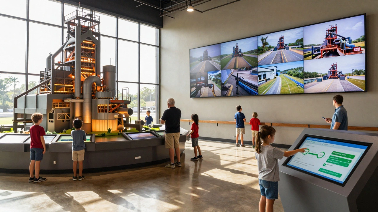 Visitor center in Guntersville with scale model of the plant, live feeds, and families exploring exhibits.