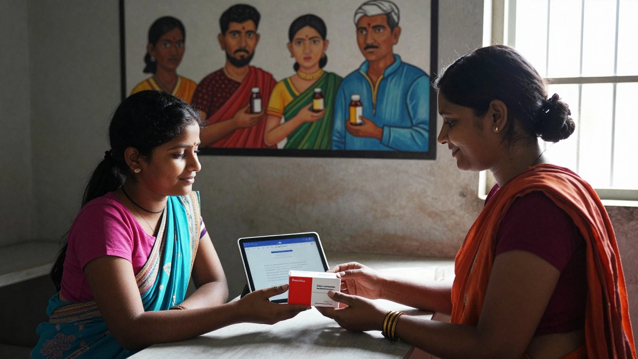 A rural Indian mother receives generic insulin from a pharmacist, with a SunMed app screen visible and a mural of global faces in the background.