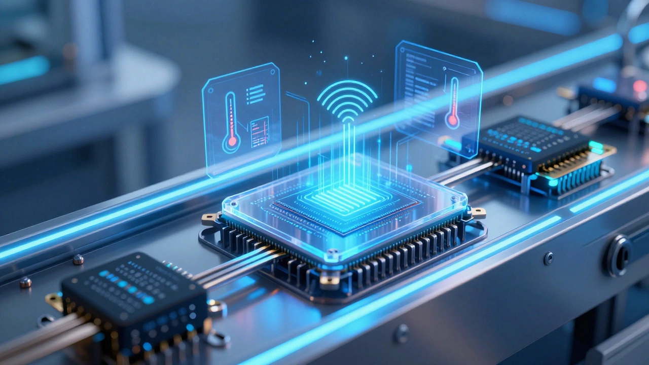 A smart food processing unit with a glowing EEPROM chip and backup system, lit by blue LEDs and digital signals.