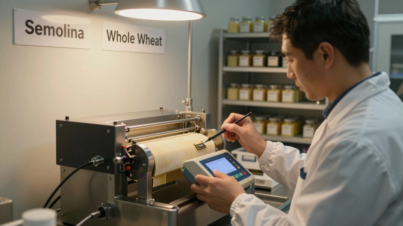 A technician programming a PROM chip in a pasta extruder, with recipe labels visible on the wall.