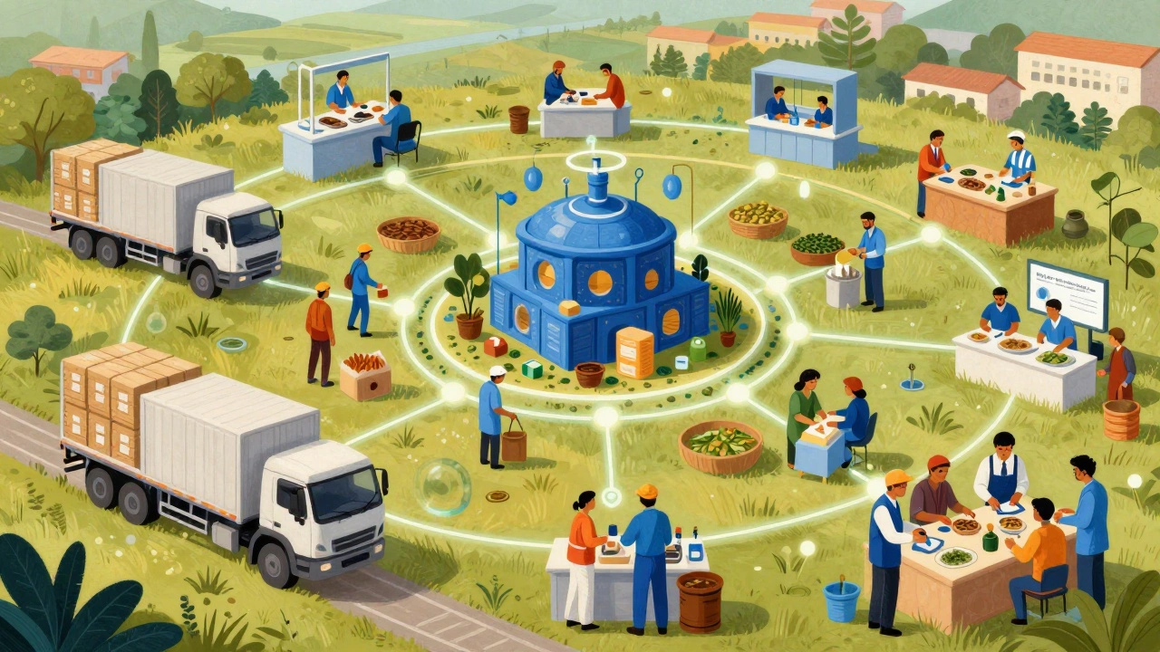 A vibrant network connecting factory workers, engineers, farmers, and trainees across India, symbolizing economic growth.