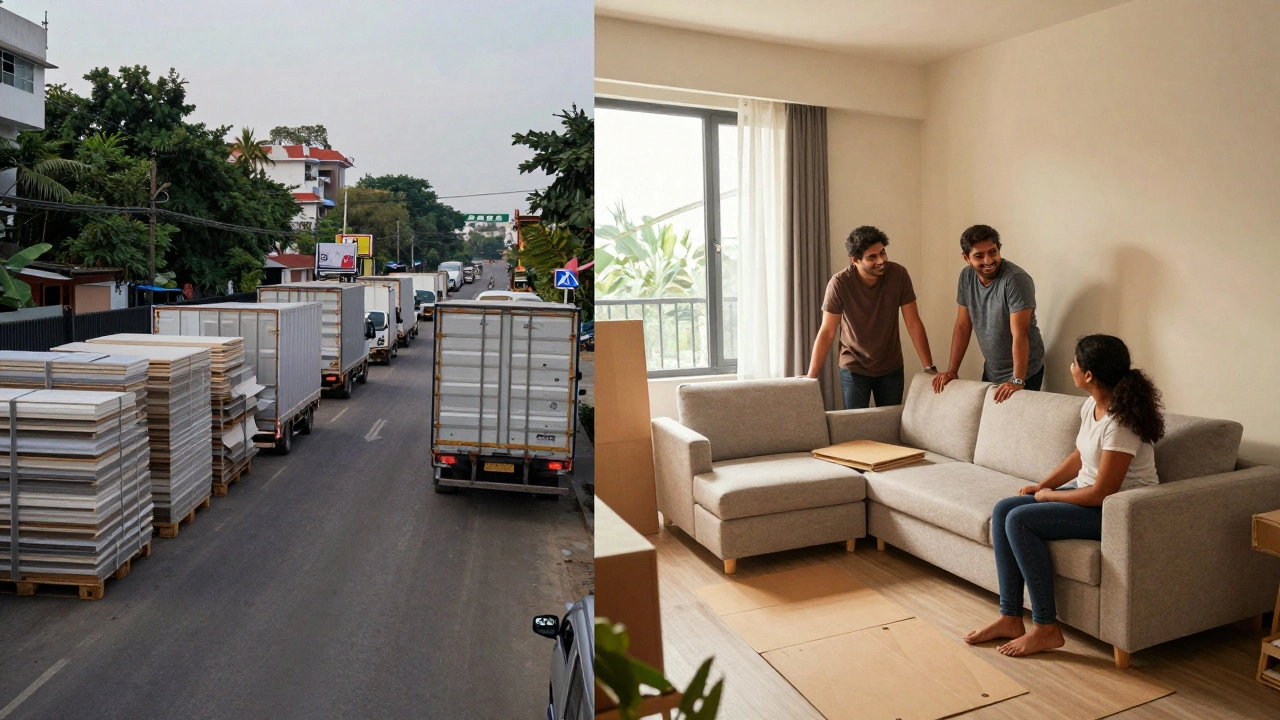 Family assembling a modular sofa in a small Indian apartment, with delivery trucks outside.