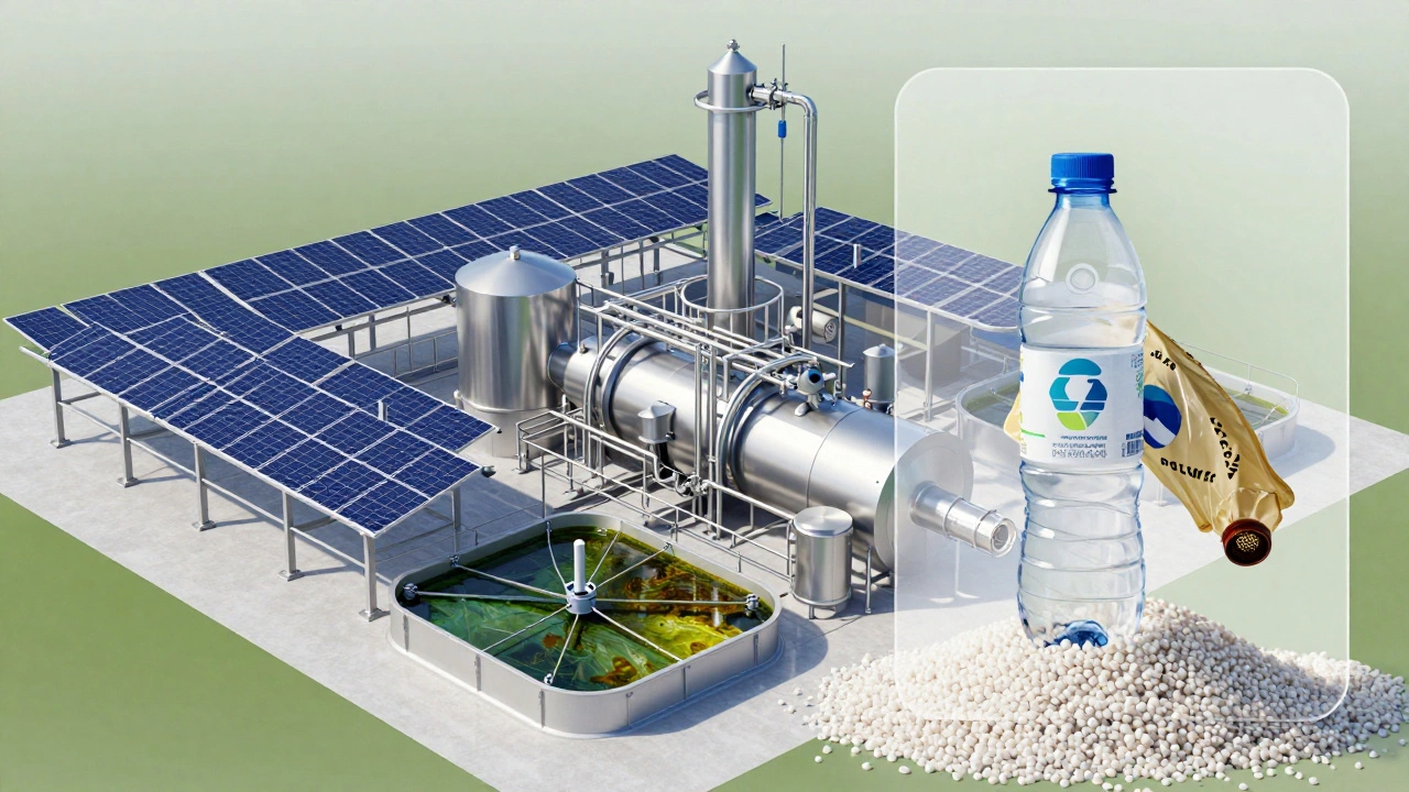 Modern biorefinery producing biodegradable plastic from renewable sources in California.