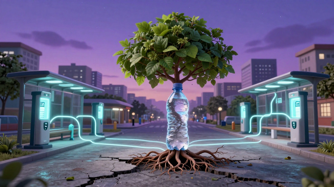 A plastic bottle dissolving into a tree of roots and leaves, with glowing refill stations connecting urban spaces in a futuristic city.