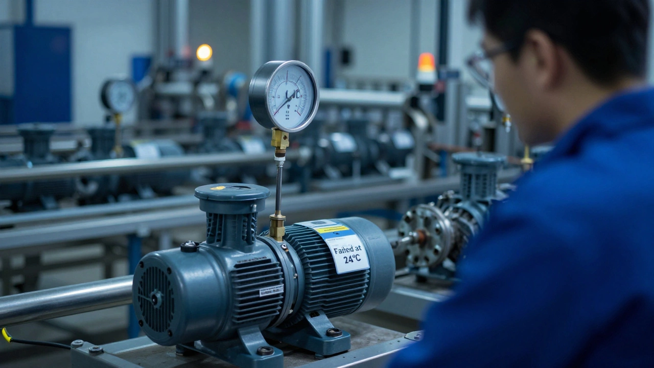 A technician monitoring a temperature sensor on a pump with a digital readout showing 11°C.