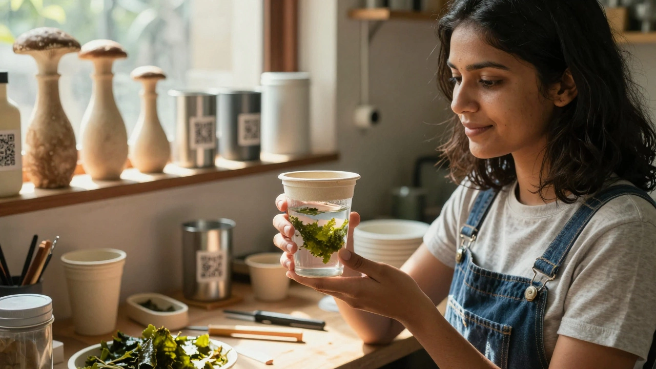 An entrepreneur in a Bangalore workshop holding a biodegradable seaweed cup, surrounded by reusable water bottle prototypes.