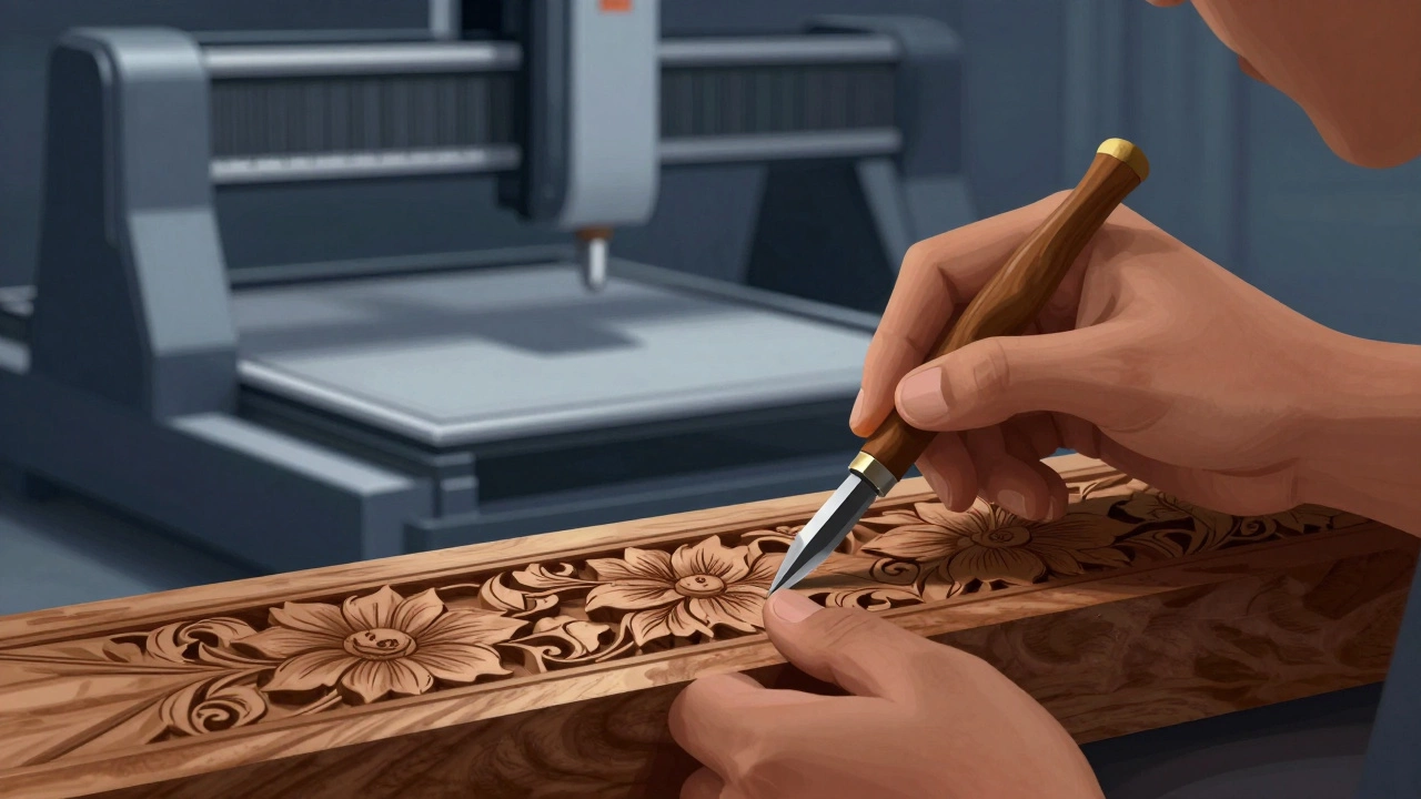 Artisan carving wood next to CNC machine representing hybrid manufacturing techniques.