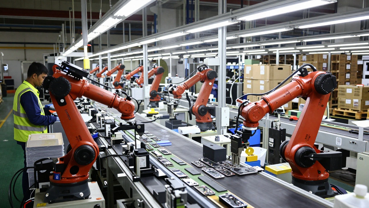 Automated electronics assembly line with technicians and robotic arms