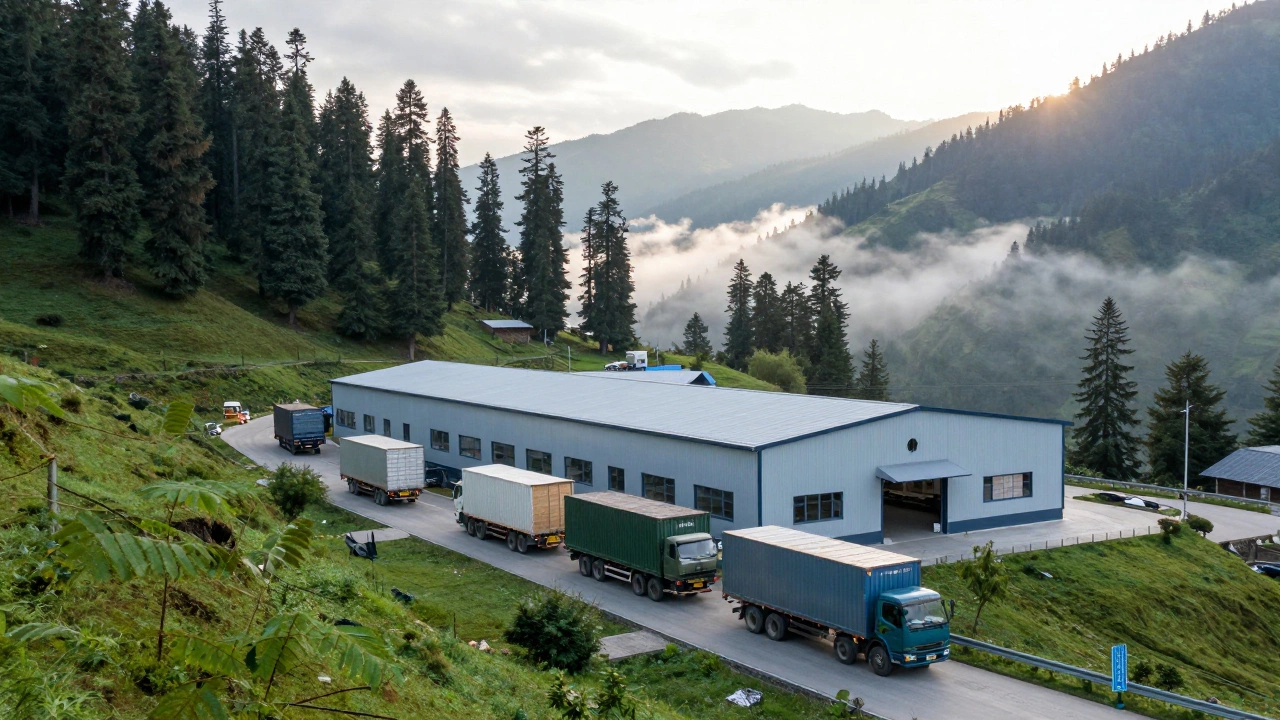 Eco-friendly plywood mill near Himalayan hills with transport trucks on road.