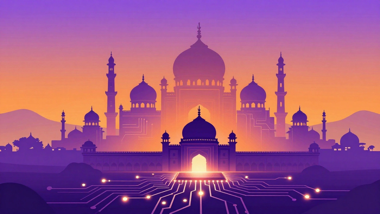 Futuristic city skyline merging with microchip circuit patterns.