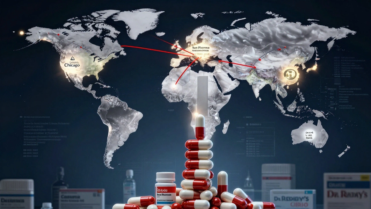 Globe showing Sun Pharma's global manufacturing network with pills forming a central monument.