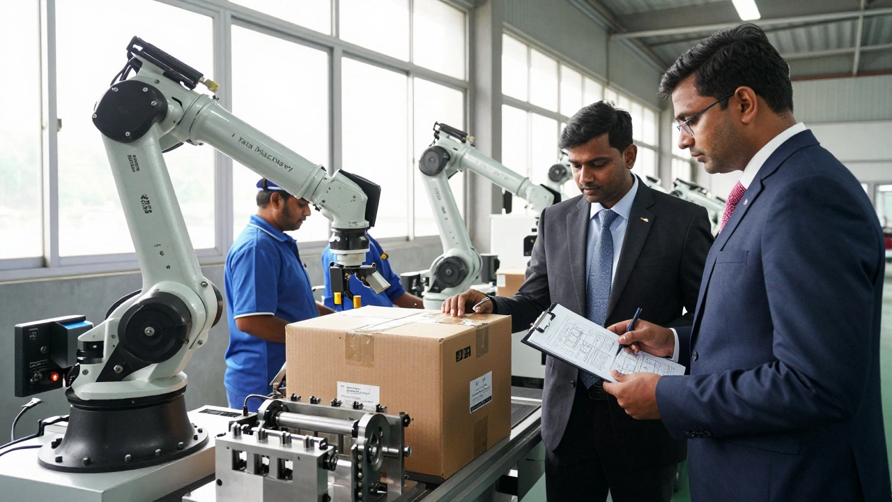 Indian workers assembling custom packaging equipment for U.S. clients.