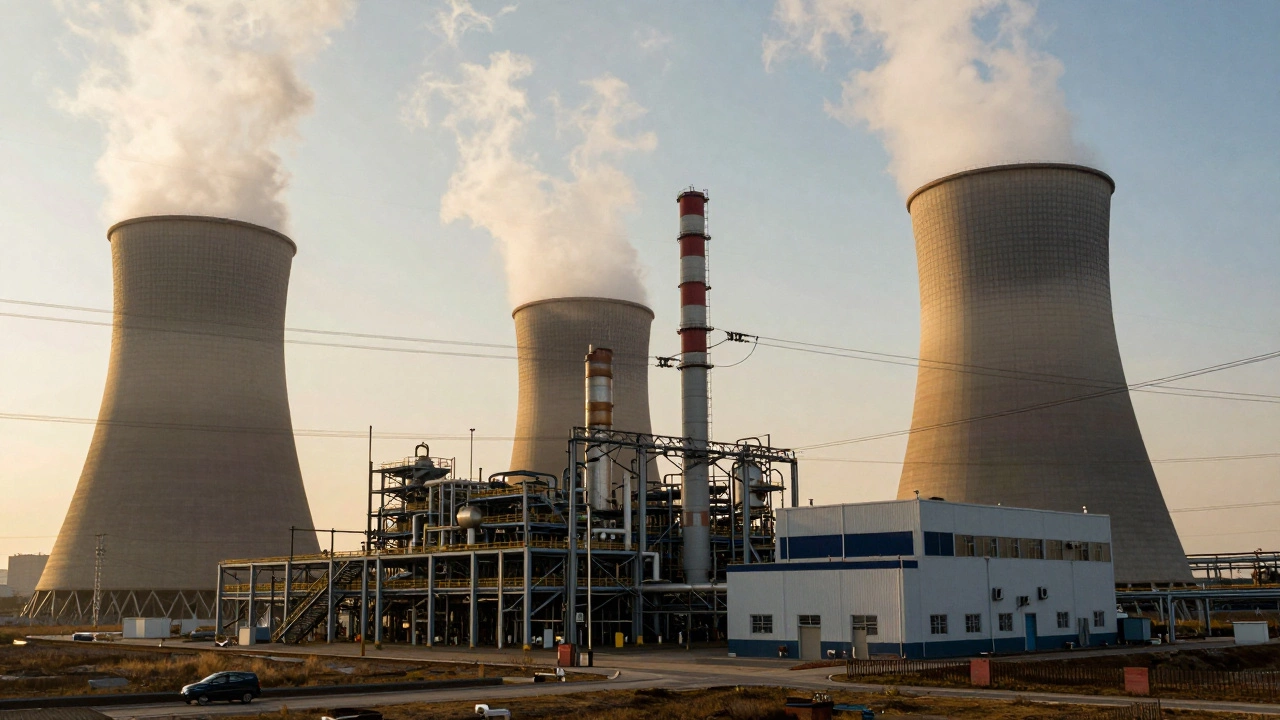 Industrial cooling towers and power lines near a factory complex.