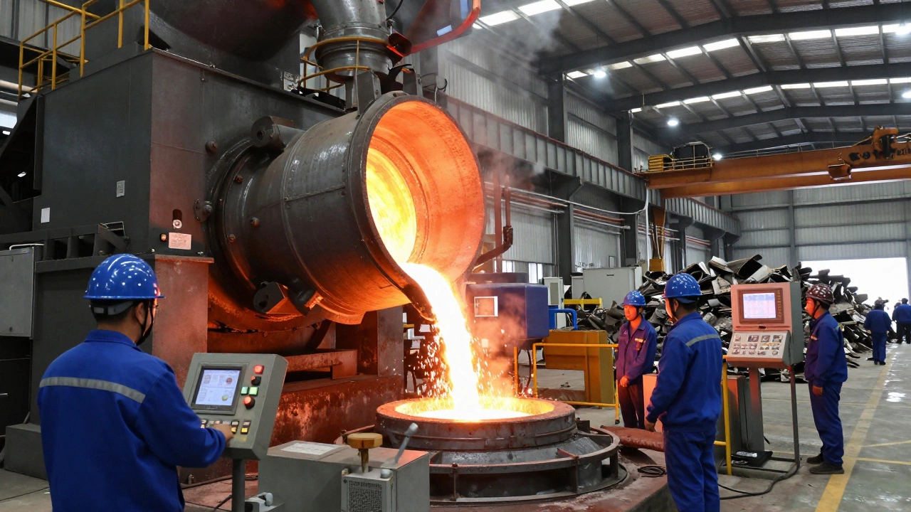 Modern EAF plant pouring molten steel into casting machines with workers monitoring operations.