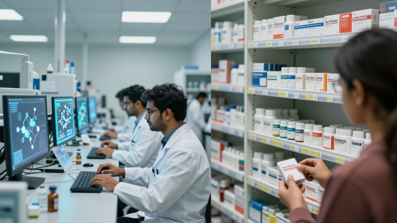 Scientists in a lab working on drug research while pills are dispensed in a U.S. hospital.
