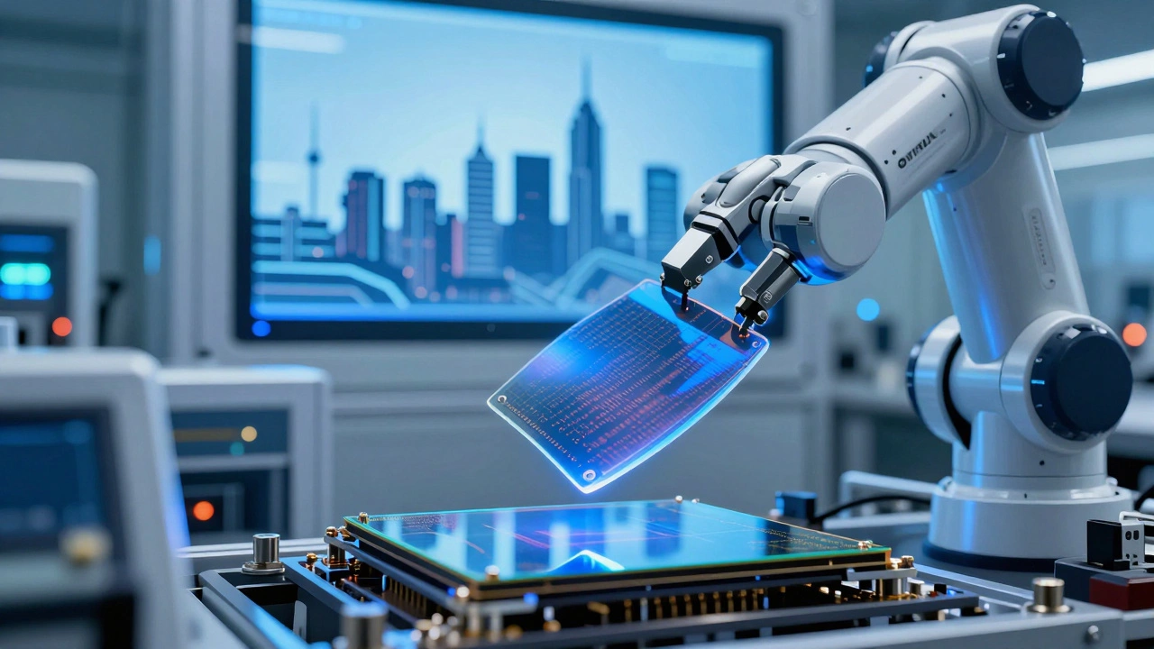 Silicon wafer held by a robotic arm in a semiconductor clean room