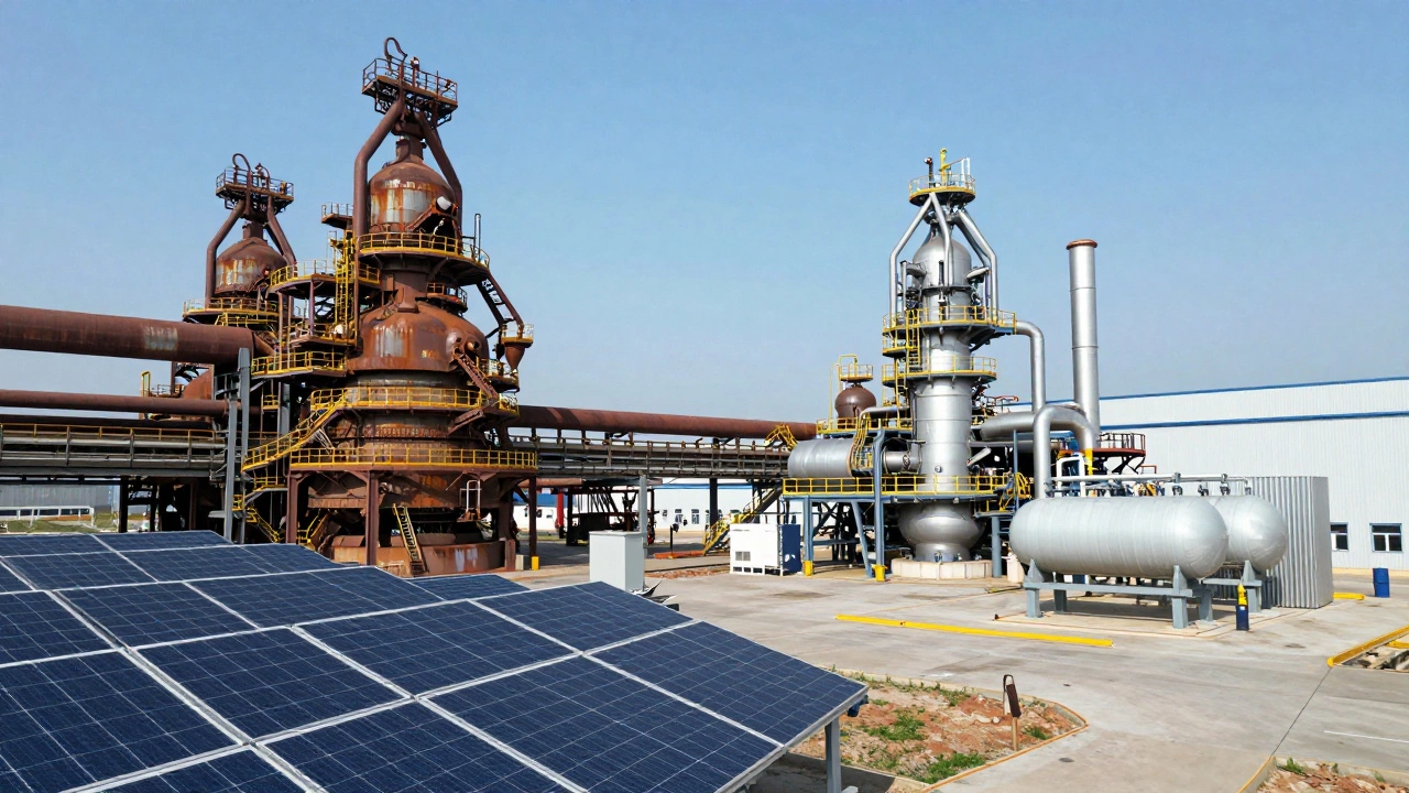 Split-panel image showing an abandoned steel mill replaced by solar panels and a new clean energy EAF facility.