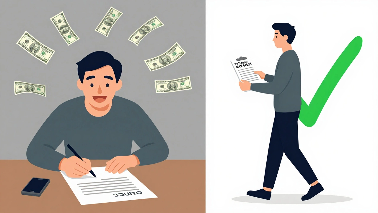 Split scene: one side shows a bad deal with money flying away, the other shows walking away from a property with a 70% rule checklist.