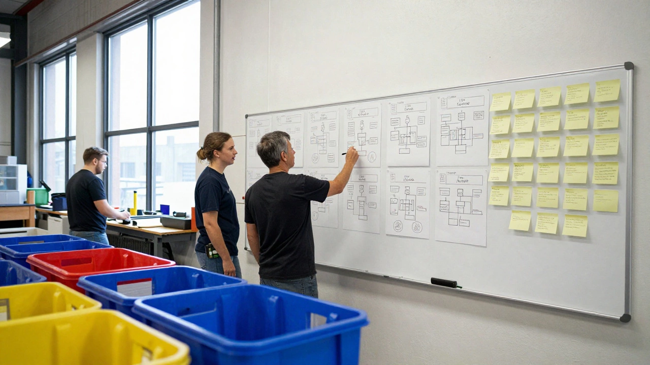 Workers updating a color-coded whiteboard to track production stages in a workshop.