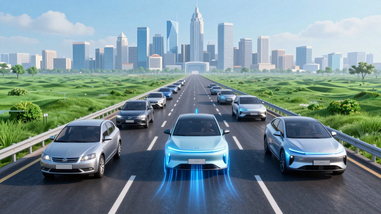 A conceptual sequence of cars on a highway showing the transition from petrol to hybrid to electric vehicles.