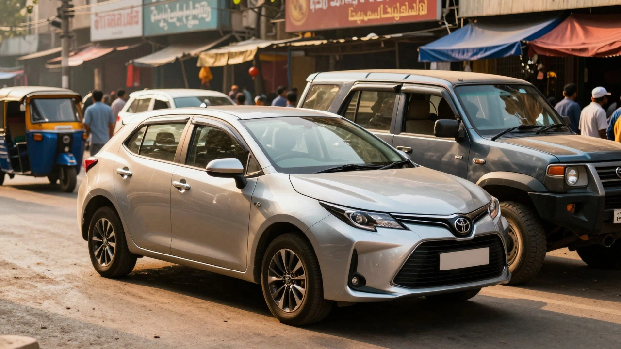 A Toyota hatchback and a Fortuner SUV parked on a busy, vibrant Indian city street at sunset.