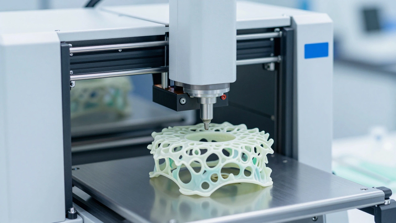Automated bio-manufacturing printer creating a biocompatible medical scaffold.